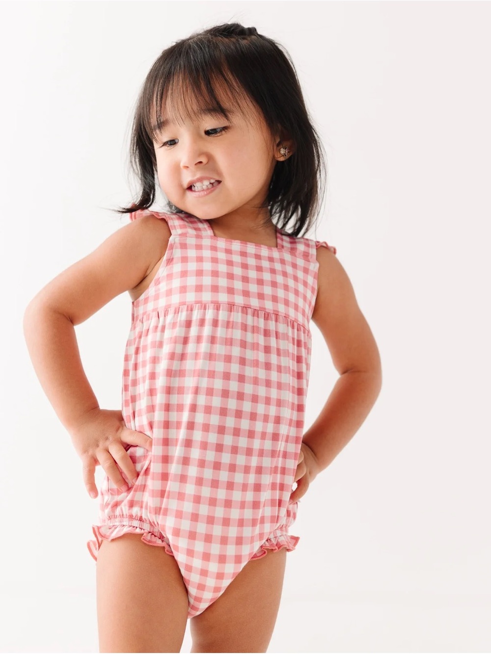 NWT Brave Little Ones coral Gingham Check flutter sleeve Ruffle Romper 3-6M